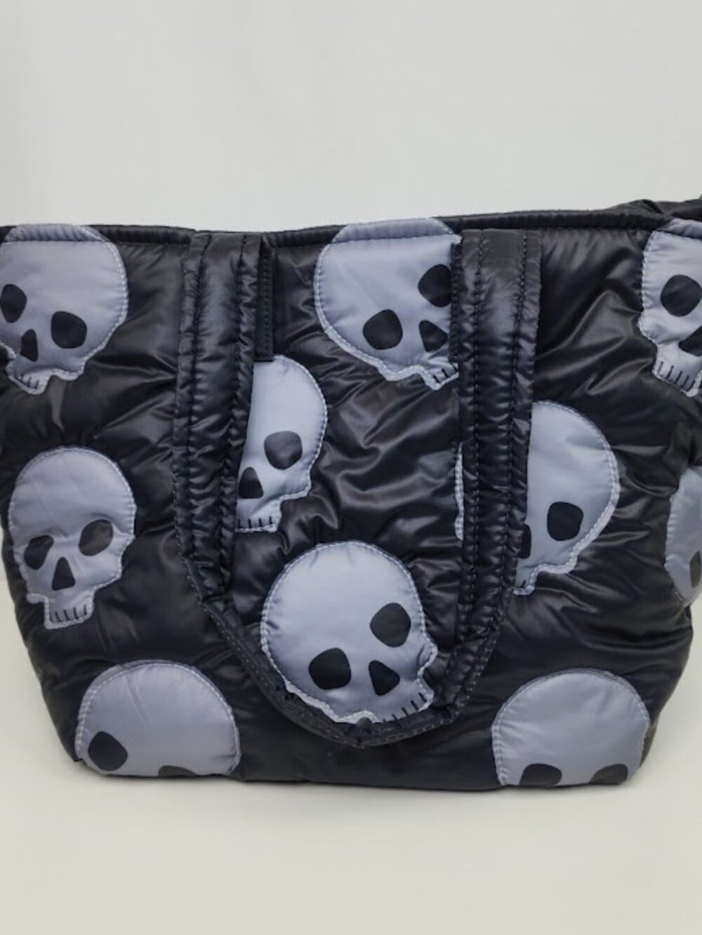 Sincerely Jules Black and Grey Skull Puffy Zippered Tote Bag